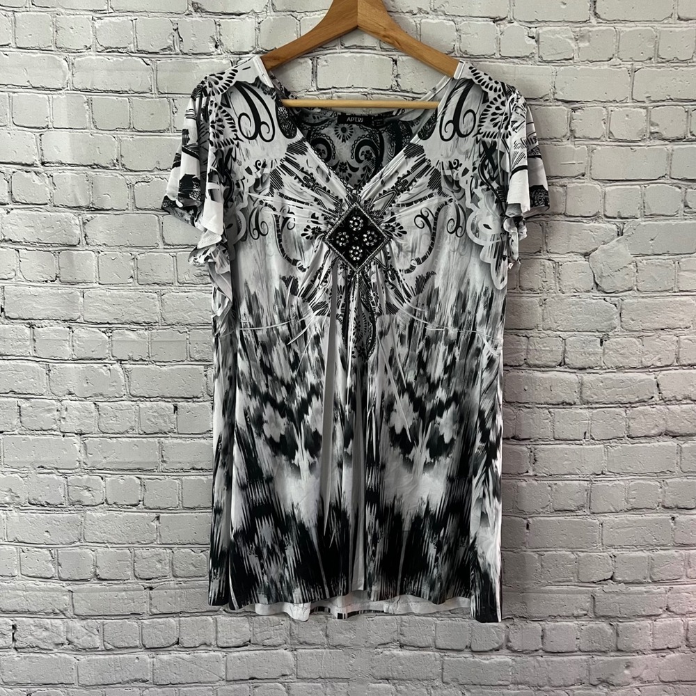 Y2K Apt 8 0X Black White Babydoll Top Beaded Detail Boho Fairycore Flowy Vintage